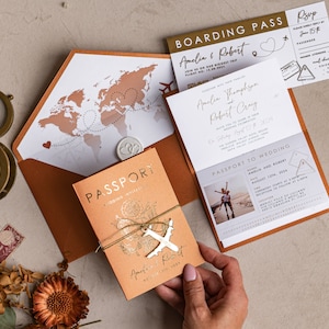 Terracotta Gold Passport Wedding Invitation, Map Wedding Cards Boarding Pass, Burnt Orange Passport Cards Abroad, Destination Invites image 5