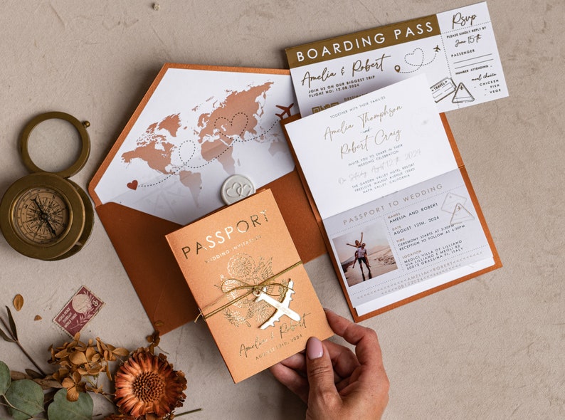 Terracotta Gold Passport Wedding Invitation, Map Wedding Cards Boarding Pass, Burnt Orange Passport Cards Abroad, Destination Invites image 5