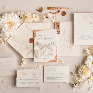 Fine Art Wedding Invitations, Deckled Golden Edge Wedding Invites, Elegant Ivory Wedding Invitation Suite, Vintage Wedding Cards