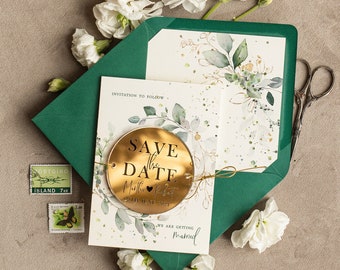 Gold Grün Acryl Save the Date Magnet Karte Presonalized Hochzeit Greenery Speichern Sie unsere Daten Plexi Magnete Hochzeit Boho Save The Date Karten