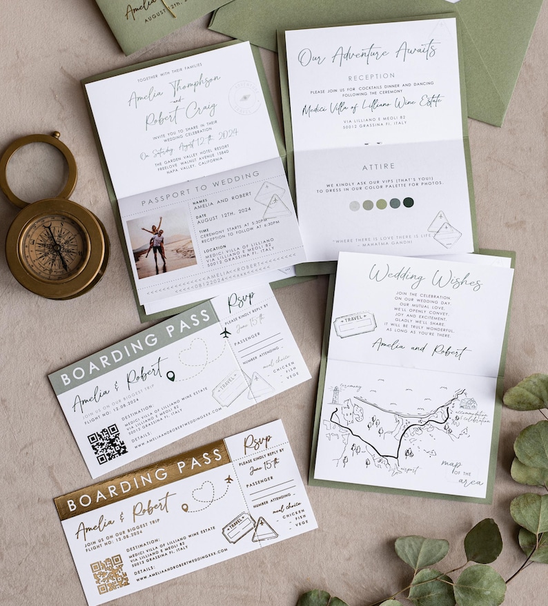 Destination Wedding Passport Invitations Sage Green – Boarding Pass Invite Tuscany Style bild 3