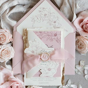 Vintage Floral Crest Blush Wedding Invitations French Provence Garden Elegant Invites suite Deckled Torn edges Toile de Jouy Baroque set