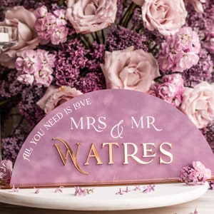 Golden Acrylic Top Table Mr & Mrs signs with stand, Mauve Velvet gold Table Sign, Velvet Top Table  sign, Luxury Wedding Table Decor, MvS