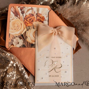 Terracotta Chiffon bow beaded bespoke Elegant Burnt Orange Gold Wedding Invitation Suite  Perls Golden Wedding Cards, Vellum etui monogram