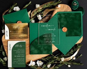 Arch Acrylic Wedding Invitations, Luxury Green Wedding Invites Velvet Pocket, Romantic Elegant Acrylic Suite velvet Wedding Cards, Greenery