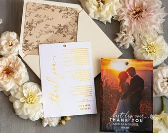 Printed Clear Wedding Photo Thank You Cards Transparent Wedding Thank You Cards with Photo Modern Golden Thank You Notes  Personalised