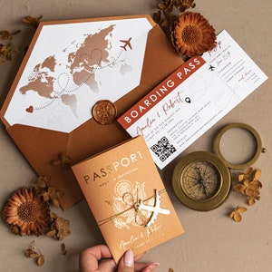 Terracotta Gold Passport Wedding Invitation, Map Wedding Cards Boarding Pass, Burnt Orange Passport Cards Abroad, Destination Invites image 8