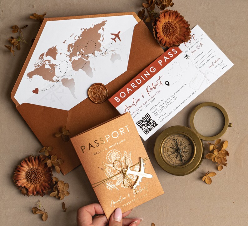 Terracotta Gold Passport Wedding Invitation, Map Wedding Cards Boarding Pass, Burnt Orange Passport Cards Abroad, Destination Invites image 8