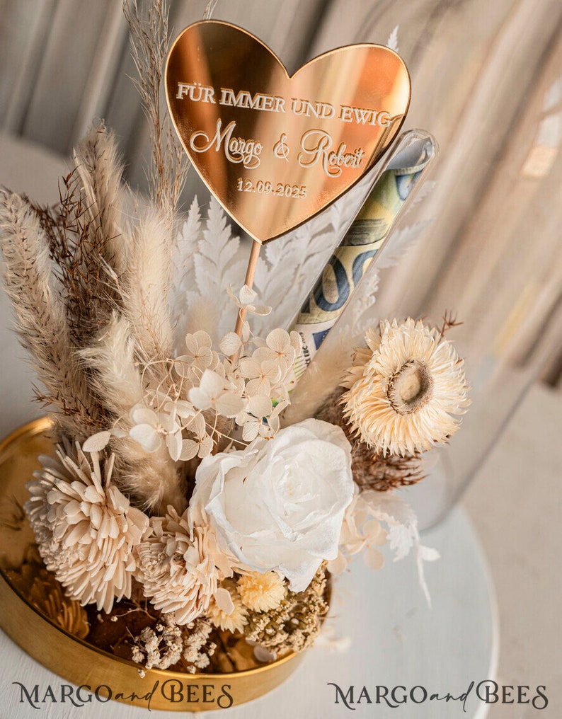 XXL Geschenkschachtel für Geld Geldgeschenk zur Hochzeit mit Strauß aus Trockenblumen personalisiert Reagenzglas für Geld gift box for money