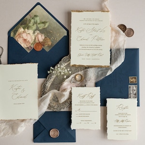 Fine Art Wedding Invitations, Deckled Edge Gold Wedding Invites, Elegant Ivory and Navy Blue Wedding Invitation, Vintage Roses Wedding Cards