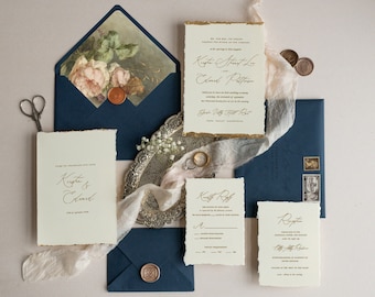 Fine Art Wedding Invitations, Deckled Edge Gold Wedding Invites, Elegant Ivory and Navy Blue Wedding Invitation, Vintage Roses Wedding Cards