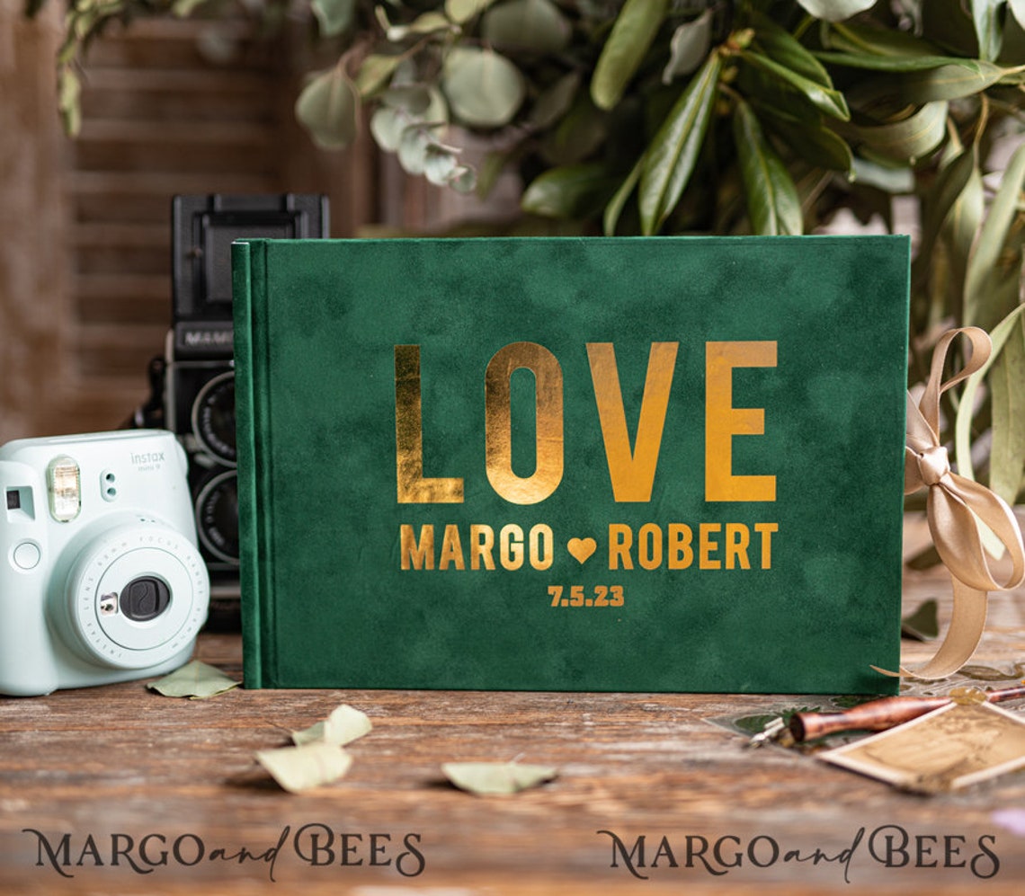 Emerald Green Gold Instax velvet Wedding GuestBook Gold Large Instant Wedding Guest Book Greenery Polaroid velvet Guestbook Green Guest Book