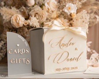 Ivory Samt Hochzeitskartenbox, Elfenbein- und Goldkartenbox mit Karten- und Geschenkschild, gefrostetes Acrylschild, Goldspiegelnamen, IvS