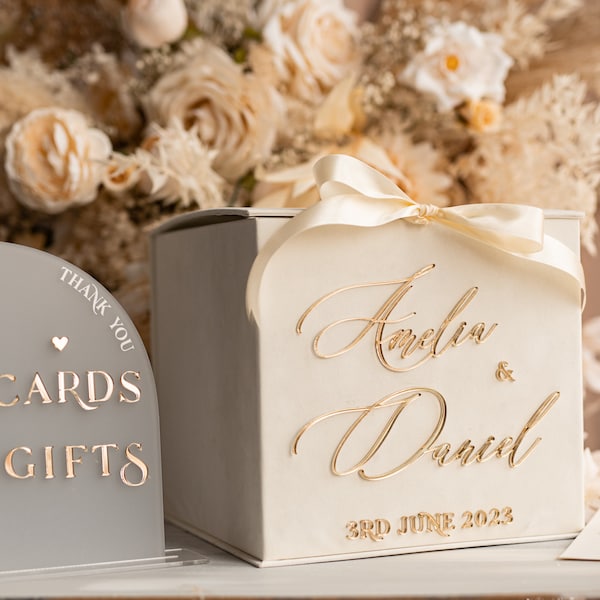 Ivory Velvet Wedding Card Box, Ivory and Gold Card Box with Cards and Gifts Sign, Frosted Acryl Cards and Gifts Sign, Gold Mirror Names, IvS