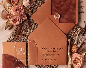 Arch Acrylic Wedding Invitations, Luxury Terracotta Wedding Invites Velvet  Pocket, Romantic Elegant Acrylic Suite Wedding Crads Burnt Orange 