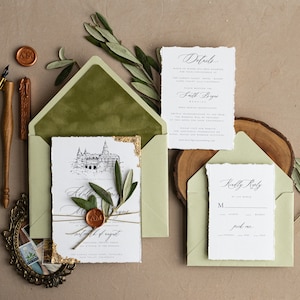Sage green Wedding Invitation, Golden Invites set, Custom Wedding Venue invitations, Deckled Edge italy travel destination greece wedding