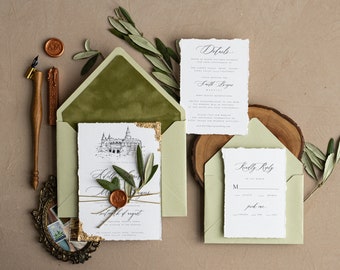 Hochzeitseinladung salbei grün, Goldene Einladungen, Hochzeitseinladungen Set, Benutzerdefinierte Hochzeitsort Einladungen, Italienische Hochzeitseinladung mit Deckled Rand