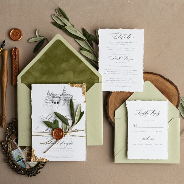 Sage green Wedding Invitation, Golden Invites set, Custom Wedding Venue invitations, Deckled Edge italy travel destination greece wedding