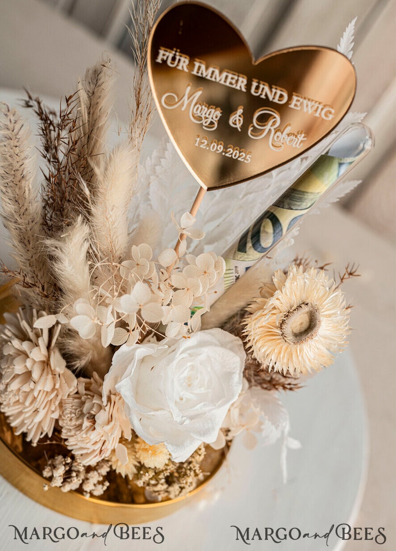 XXL Geschenkschachtel für Geld Geldgeschenk zur Hochzeit mit Strauß aus Trockenblumen personalisiert Reagenzglas für Geld gift box for money