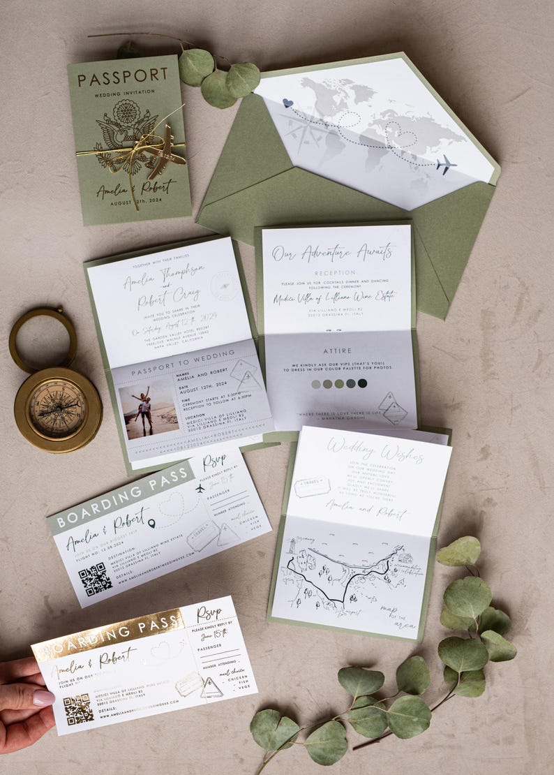 Destination Wedding Passport Invitations Sage Green – Boarding Pass Invite Tuscany Style bild 6