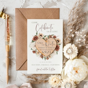 Hochzeit Save the Date Karte und Herz Magnet, Beige Elfenbein sparen unsere Datum Magneten, Boho sparen unsere Daten Karten Holzmagneten Karten