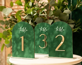 Arch Table Number, Luxury Green Velvet Arched Table numbers with acrylic stand, green and Gold Wedding Table Decor, 3D Golden Letters, GV