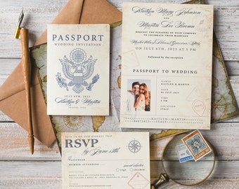 Rustic Passport Wedding Invitation, Travel Boarding Pass, Passport Invitations Abroad, Destination Wedding, Travel Map Stationery set of 20