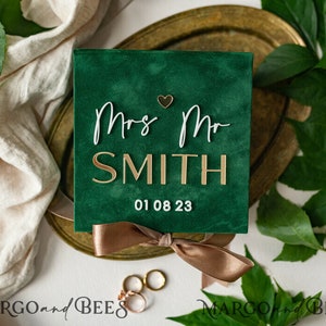 Green Golden velvet Wedding Ring Box for ceremony, Ring Box for Wedding Ceremony 3 rings velvet, Boho Glam Wedding Ring Boxes his hers