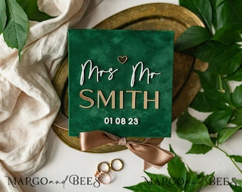 Grün-goldene Samt-Ehering-Box für die Zeremonie, Ring-Box für die Trauung, 3 Ringe Samt, Boho Glam Wedding Ring Boxes für sie