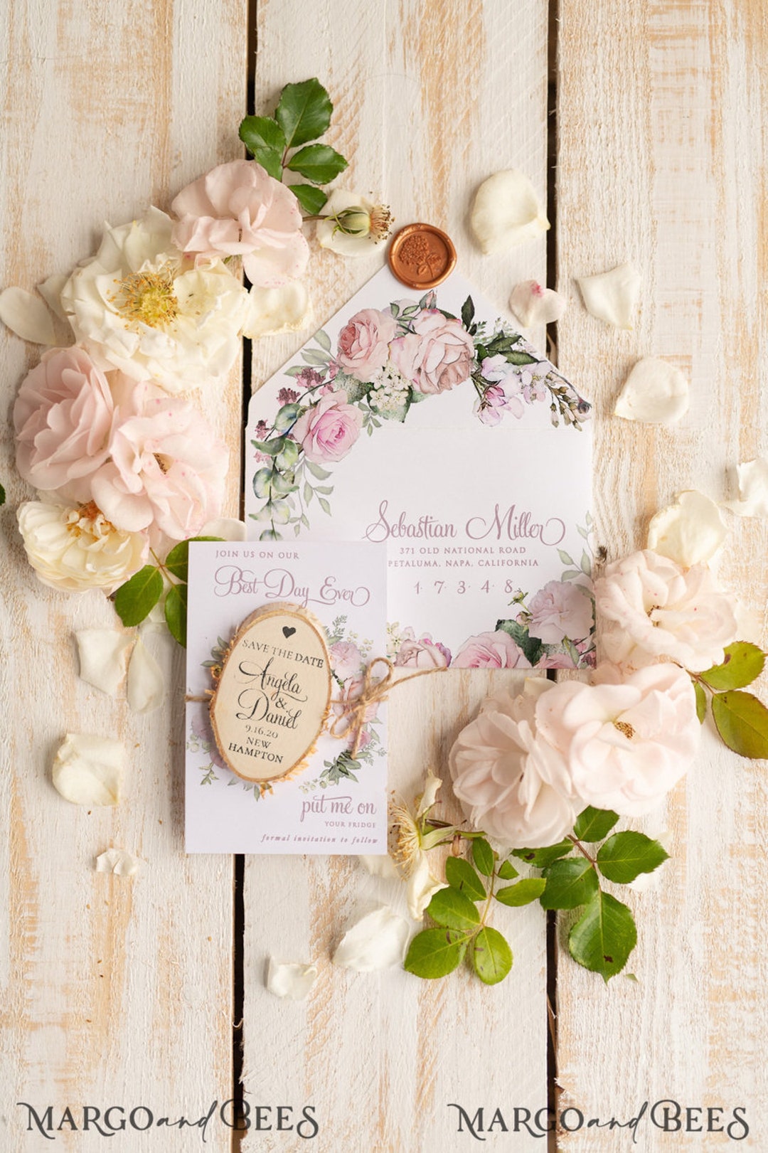 Mariage personnalisé Save The Date Card et tranche de bois Magnet, Boho ...