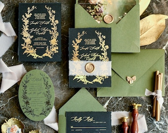 Altes Geld Hochzeitseinladungen Sage Grün Gold Blumen Regency Einladung Set Bridgerton Inspiriert Schwarze Hochzeitskarten
