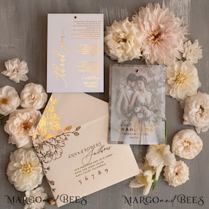 Gedruckte Pergament-Hochzeits-Dankeschön-Karten Geprägte Hochzeits-Dankeschön-Karten mit Foto, moderne goldene Danke-Notizen Hochzeit personalisiert