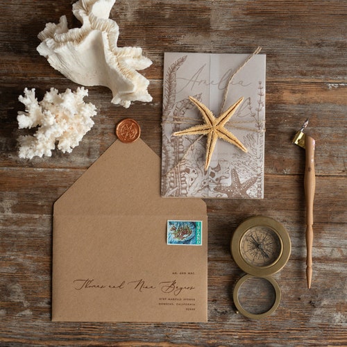 Beach Wedding invitations, Destination Vellum Wrapping Wedding shops Invitation Suite, Rustic Wedding Invites With Starfish Wax Seal, Of 20 Pcs