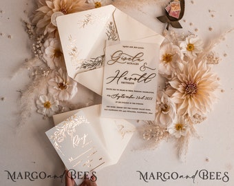 Boho Golden Ivory Wedding Invitations, Vellum Gold Wedding Cards, fine art Wedding Invitation Suite, Bespoke Wedding Stationery