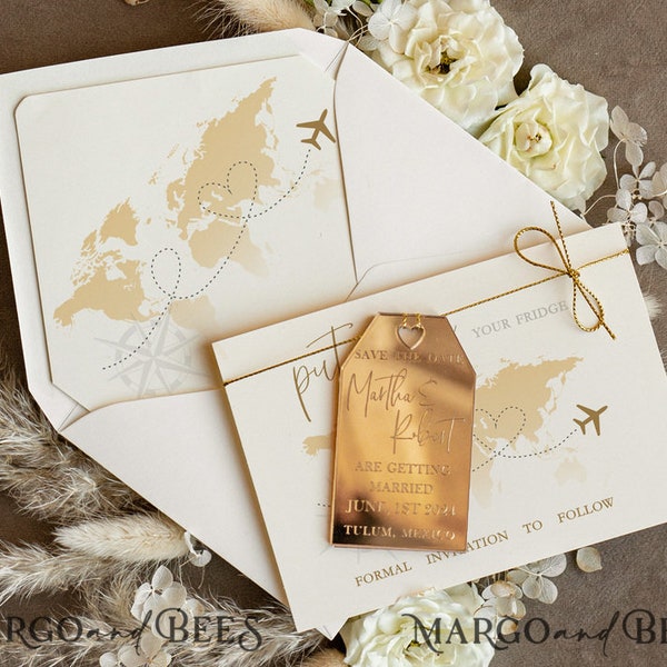 Gold Travel Save the Date Acrylic Tag Magnet Card Gold Luggage Tag Wedding Save The Dates Acrylic Magnets Save our Date Cards destination