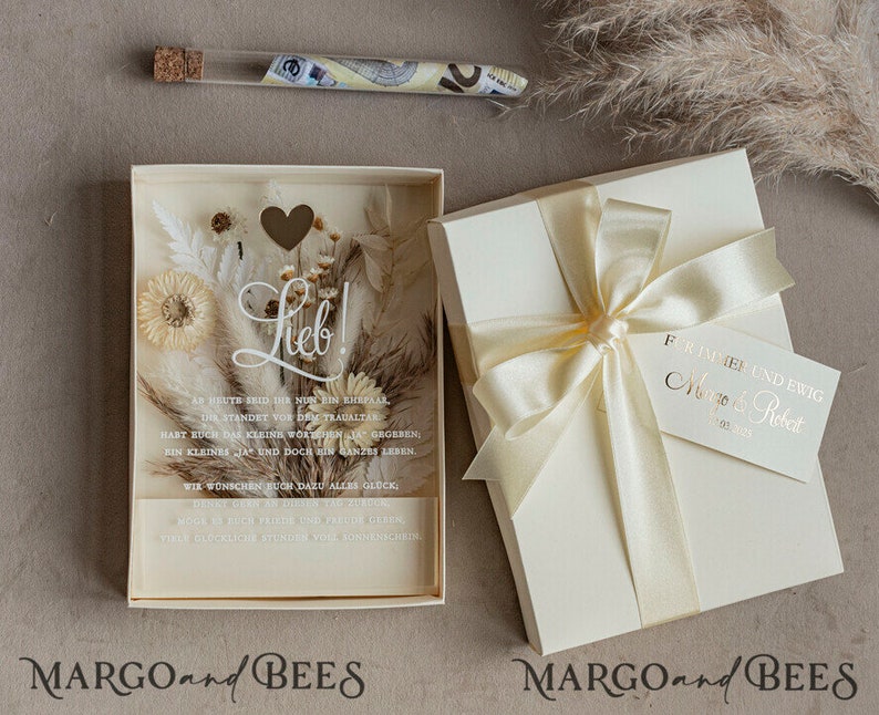 Geschenkschachtel für Geld Geldgeschenk zur Hochzeit mit Strauß aus Trockenblumen personalisiert Geschenk für Brautpaar Reagenzglas für Geld