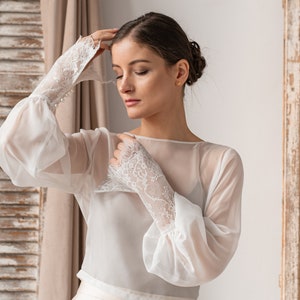 Ivory Silk Wedding bolero long sleeve, Shrug Women Wedding, Bridal Modest Coverup, Boho Blouse for Bride, Bridal Lace Blouse, dress capalet