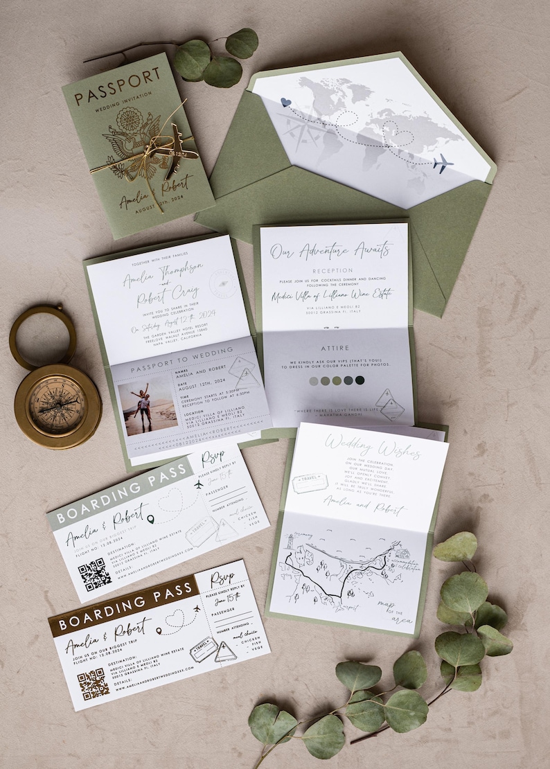 Destination Wedding Passport Invitations Sage Green – Boarding Pass Invite Tuscany Style bild 4