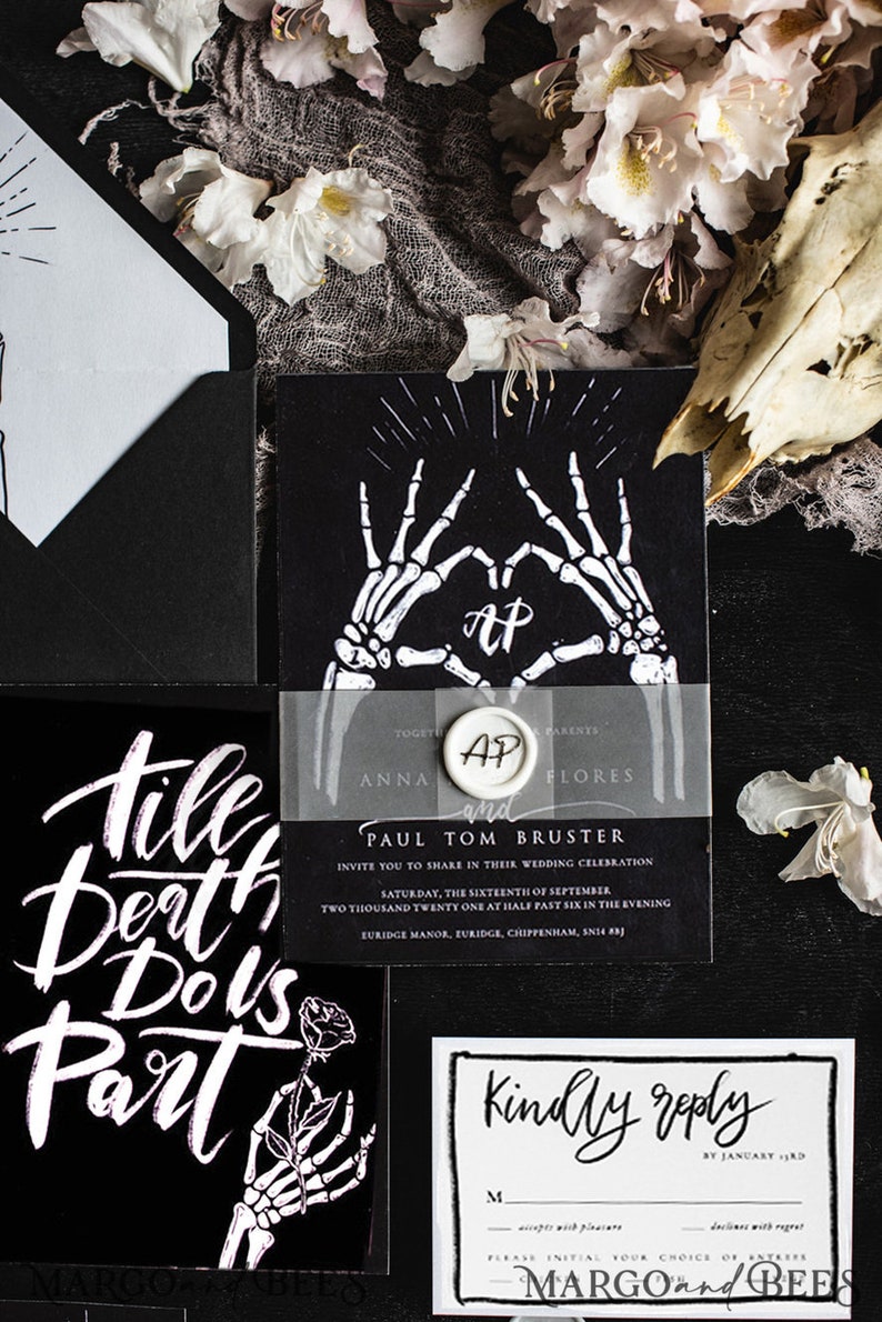 Halloween Wedding Invitations Suite, Black Invitations, Spooky Halloween Invites Gothic Wedding Invitation Cards, Skeleton Wedding Set black, halloween wedding suite till death do us part