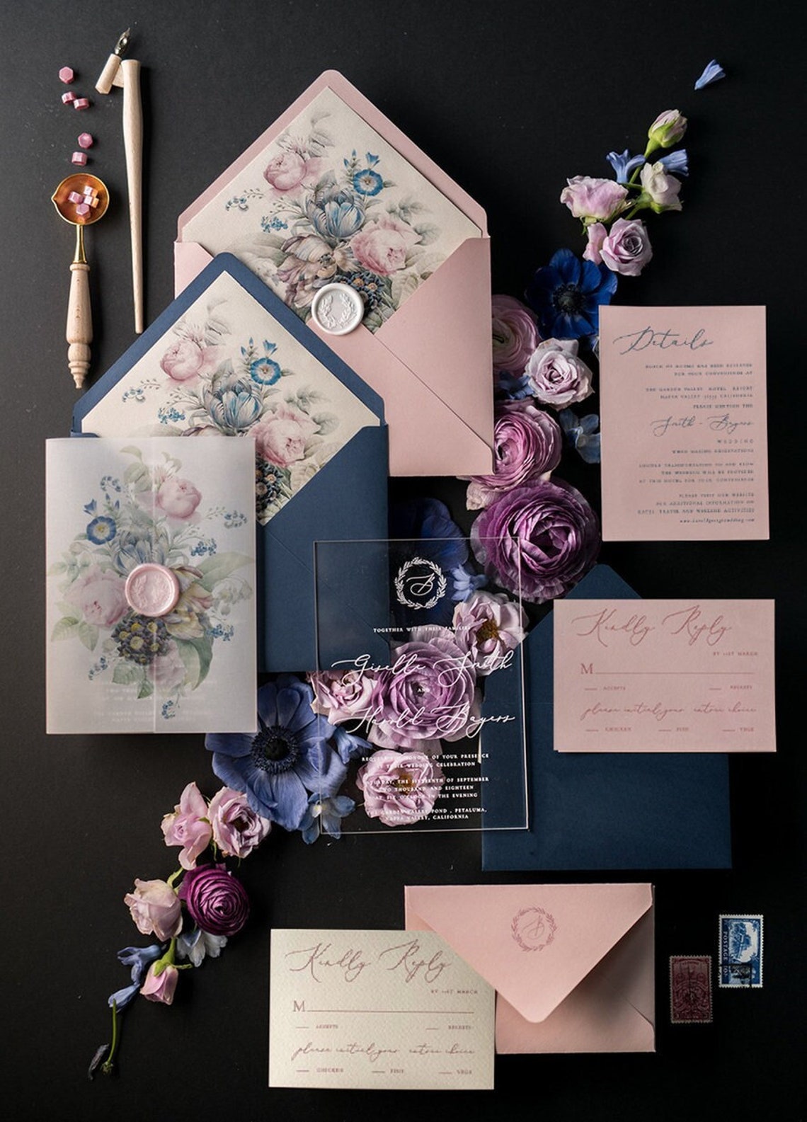 Elegant Pink and Blue Personalized Wedding Invitations With image 1