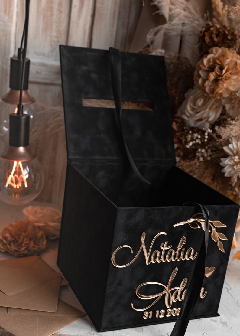 Velvet Black Card Box & Gold Lettering, Wedding Card Box With Lid ...