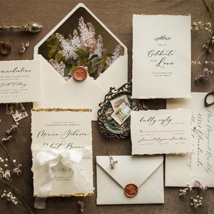 Faire-part de mariage beaux-arts, faire-part de mariage bordé doré, élégante suite de faire-part de mariage ivoire, cartes de mariage vintage