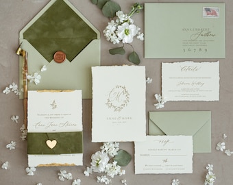 Fine Art Gold & sage green Wedding Invitation, Velvet Golden Edges Wedding Invitations, Vintage Gold Invites suite, Torn Edges Wedding Set