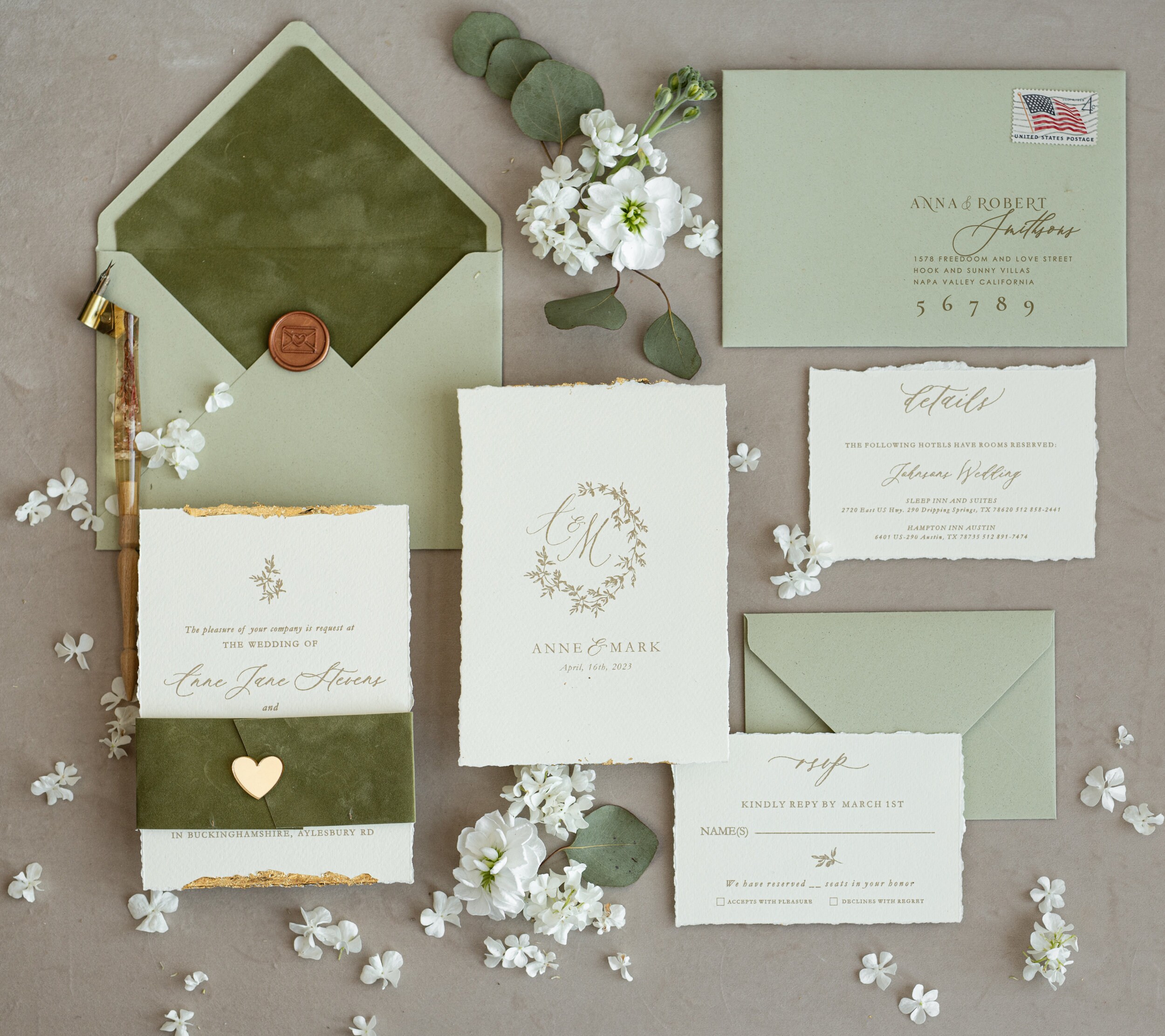 Fine Art Gold sage green Wedding Invitation Velvet Golden Edges Wedding Invitations Vintage Gold Invites suite Torn Edges