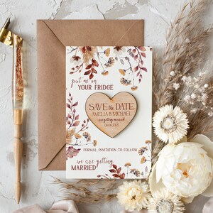 Aimant et carte "Retenez cette date" rustiques Artisanat moderne Aimants en bois "Retenez notre date" Cartes de réservation bohèmes, aimants en bois Carte florale Mariage d'automne