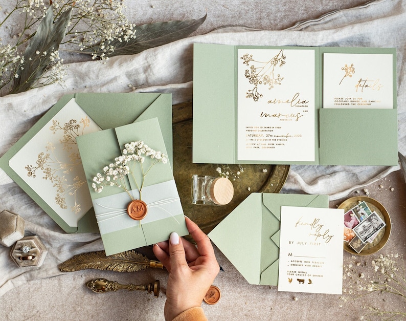 Elegant gold wedding inviation set, Natural baby breath flower wedding invitation suite Minimalistic golden sage green wedding set with rsvp image 1