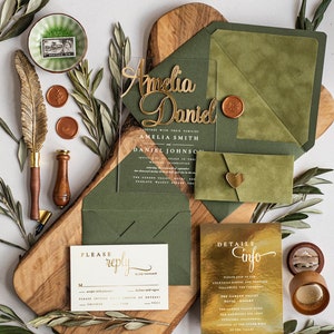 Acrylic Greece Gold Wedding Invitations, Luxury Olive Wedding Invites, Olive Velvet  Wedding Invitation Set, Tuscany Elegant Acrylic Suite