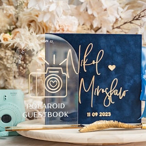 Navy Blue Gold Acrylic Wedding Guest Book Personalised and sign set, Velvet Navy Instant Photo Book Boho Elegant Instax Wedding Photo Book