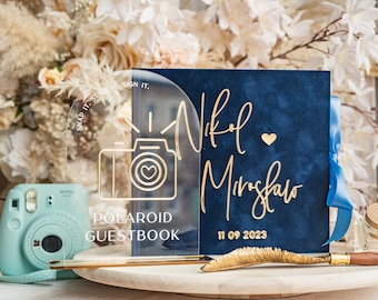 Navy Blau Gold Acryl Hochzeit Gästebuch Personalisiert und Zeichen Set, Samt Navy Instant Fotobuch Boho Elegant Instax Hochzeitsfotobuch