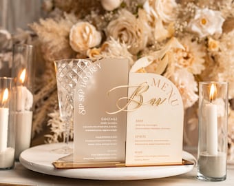 Acrylic Arch Bar Menu Combo, Frosted Plexi Glass gold Ivory Velvet Drink Bar Menu Sign with Stand, Beige Plexi Table Bar Menu Combo, IvS